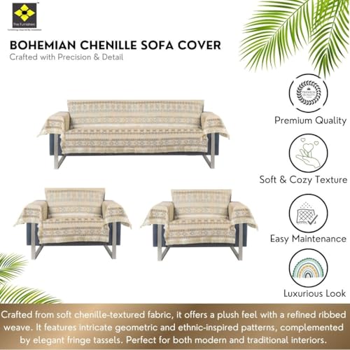 Image of Elegant Woven Beige Sofa Cover - Soft Chenille Traditional Pattern with Lace Style | L-Shape Sectional Seat Protector for Living Room | Durable & Stylish Slipcover 5 Seater with Arms
