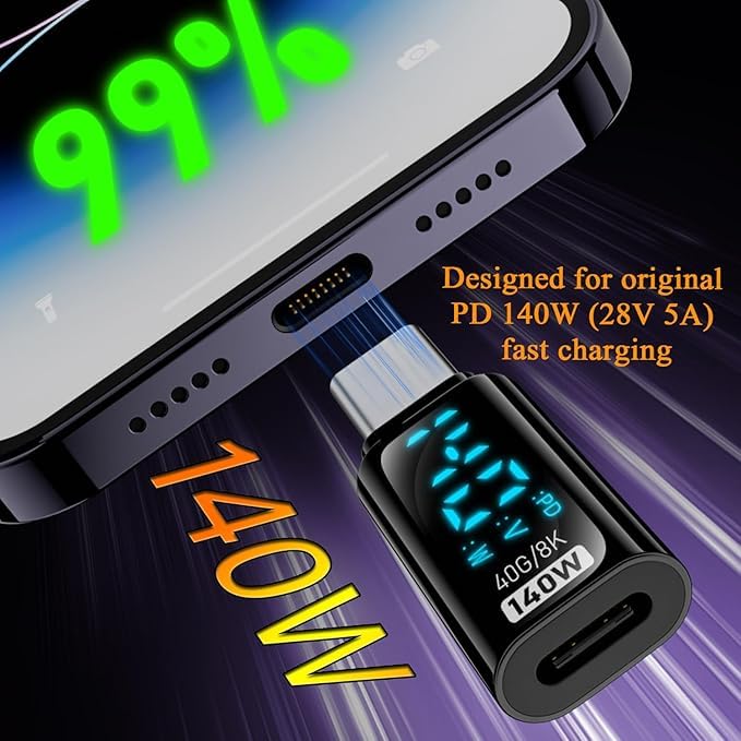 Image of Wefly 1 Pack USB-C Adapter with LED Display, PD 140W USB Type C Male to Female Connector for i /Phone 15 Series, i /Pad Air /Pro, Mac /Book, Support Voltage and Power Smart Display & 40Gbps Data Transfer