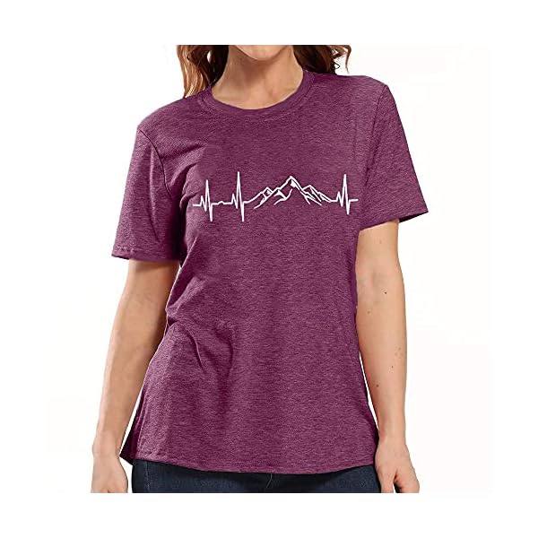 Mountain-Heartbeat-T-Shirts-for-Women-Casual-Hiking-Athletic-Short-Sleeve-Camping-Travel-Graphic-Tees-Tops Mountain Tshirts Shirts for Women Hiking Graphic Tees Funny Print Crewneck Shirts Cute Vintage Summer Tops Short Sleeve Casual Tees Novelty Tshirts Purple,M