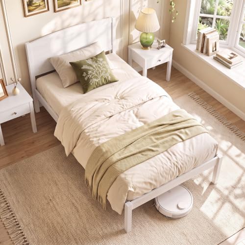Image of GIANTEX Twin Size Wooden Bed Frame with Curved Headboard, Wood Slat Support | Farmhouse Platform Bed w /Heavy Duty Mattress Foundation, Under-Bed Storage Space, No Box Spring Needed, Easy Assembly
