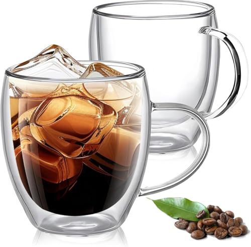 Image of Kamvy Double Walled Glass Coffee Mugs Set of 2, 250ml-Insulated Green Tea Cups with Handle for Latte, Cappuccino, Espresso, Mocha Dishwasher & Microwave Safe (Double Wall - 250ML)