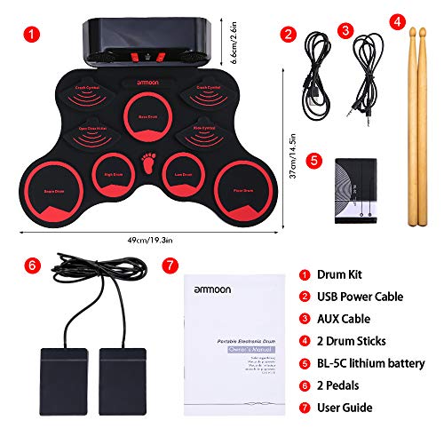 ammoon Electronic Drum Set, Roll Up Drum Practice Pad 9 Silicon Durm Pads Built-in Stereo Speakers Headphone Jack Rechargeable Lithium Battery, Great Holiday Birthday Gift for Kids
