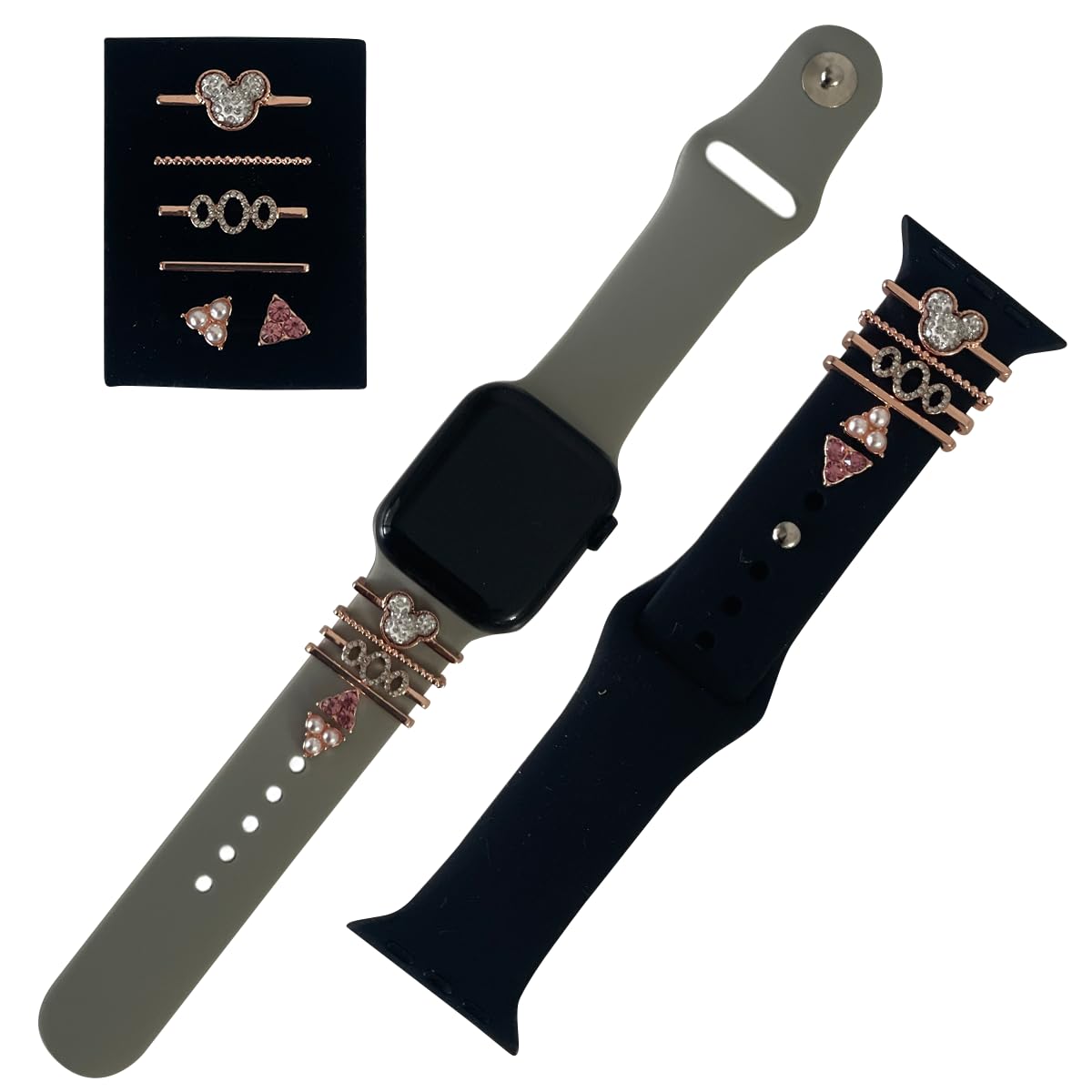 Photo 1 of 8 PCS ACCESSORIES FOR WOMEN FOR APPLE WATCH, SET OF 6 METAL DECORATIONS TO PUT ON I WATCHES WOMEN BANDS INCLUDES 2 SILICONE FOR APPLE WATCH BAND COMPATIBLE WITH 38,40,41 MM,FOR SERIE 1,2,3,4,5,6,7