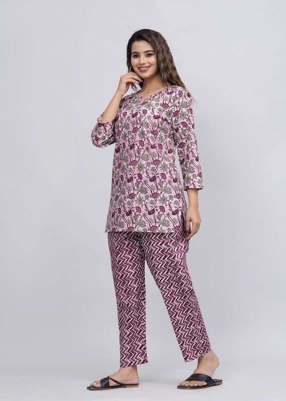 Image of 100% Cotton Printed Night Suit for Women's Shirt and Pyjama Sleep wear Set for Womens and Girls