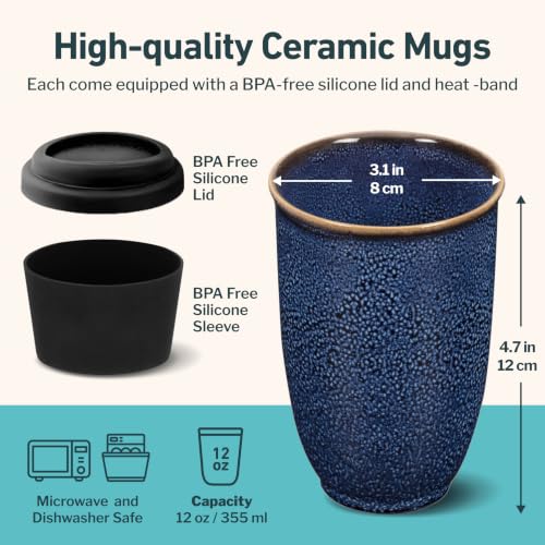 Image of NOVA CERAMICS Travel Mug - Ceramic Travel Mug With Lid - Travel Coffee Mug Unique To Go Coffee Cup - Microwave & Dishwasher Safe Coffee Tumbler - Gifts For Women Men Him Her - 12oz - Abyss