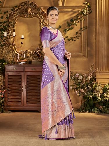 Image of Mehrang Women's Banarasi Silk Kanjivaram Saree For Wedding With Pure Zari Work, Woven Design, With Unstitched Blouse Piece