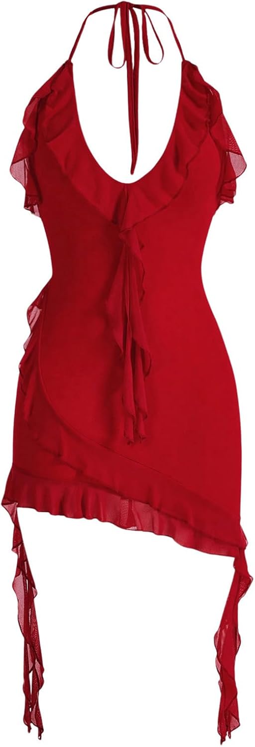 SOLY HUX Women's Halter Ruffle Cami Mini Dresses Bodycon Backless Club Party Dress
