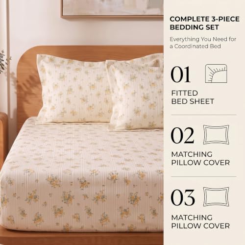 Image of VAS COLLECTIONS 240 TC Premium Fitted Bedsheet, Floral Printed King Size Elastic Deep Pocket Mattress Cover, Soft Breathable Bed Sheet for Bedroom, 72 x 78 + 10 Inches (183 x 198 + 25 cm) - Mustard