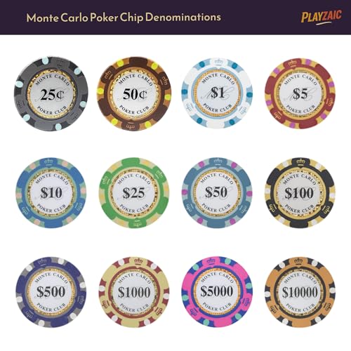 Playzaic 13.5-gram Monte Carlo Premium Poker Chips (50-Pack) Heavy Clay Composite Set - Bulk Casino Chips with Denominations for Texas Holdem, Blackjack - Betting Game Accessories ($500 Purple)