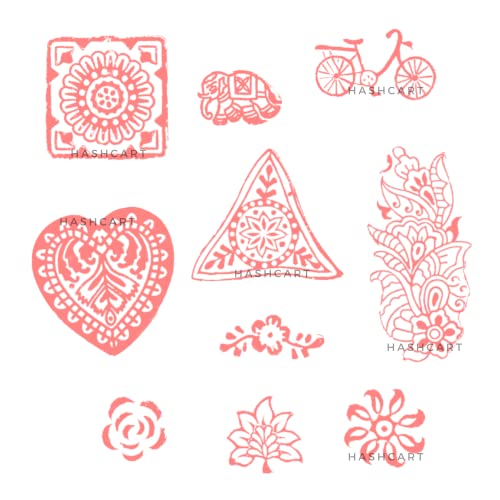 Image of Hashcart | Set of 10 | Wooden Floral Multi-Design Printing Stamps for Scrapbooking | Blocks for Project Making | Henna Mehndi | Fabric Textile | Art Craft | Pottery Craft