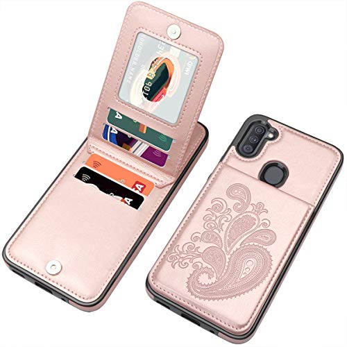 SIZIYNan Flip Case for Samsung A11 Case, Embossed Flower Series Premium PU Leather Galaxy A11 case for Women with Wallet Credit Card Holders Slim A11 Phone Case for Samsung Galaxy A11, Rose Gold