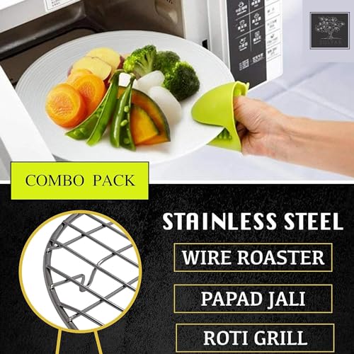 Image of Sulfar Cooking Essentials Combo | Includes Wire Round Roaster with Wooden Handle and Silicone Mini Oven Gloves | Heat Resistant, Durable, Perfect for Kitchen Use