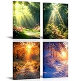LoveHouse 4 Seasons Canvas Wall Art Spring Summer Autumn Winter Forest Sunrise Landscape Painting Morning Sunshine Picture Prints Framed Modern Artwork For Bedroom Kitchen Living Room 12'x16'x4Pcs