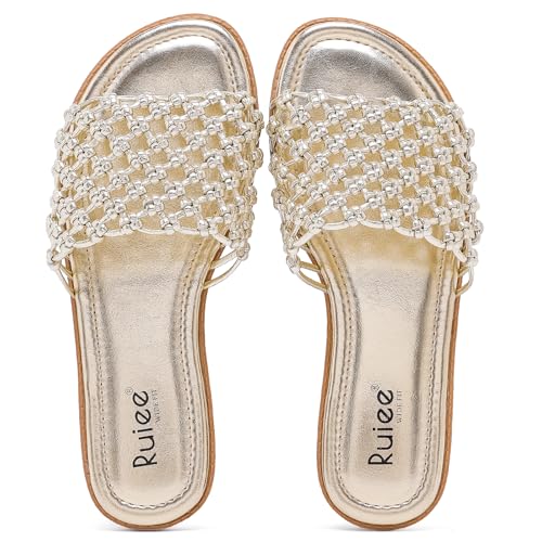 Image of Ruiee Wide Width Flat Sandals for Women. | Wide Width Sandals, X-Wide Feet Slides, Summer Braided Flat Slides, Versatile, Fashion Comfort