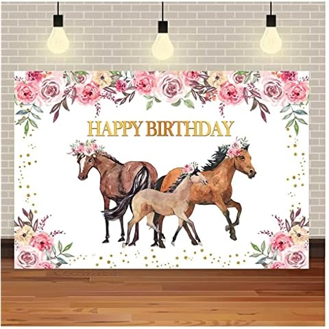 Watercolor Flowers Horse Happy Birthday Photo Backdrop Baby Shower Golden Glitter Party Banner Photography Background 7×5 feet vinyl backdrop Cover