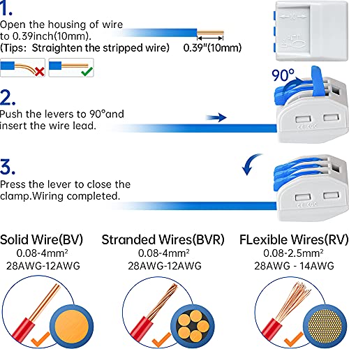 Image of 50 Pcs Wire Connector 222-413, Compact Splicing Connectors for Solid Stranded Flexible Wires (3 Conductor-Blue)