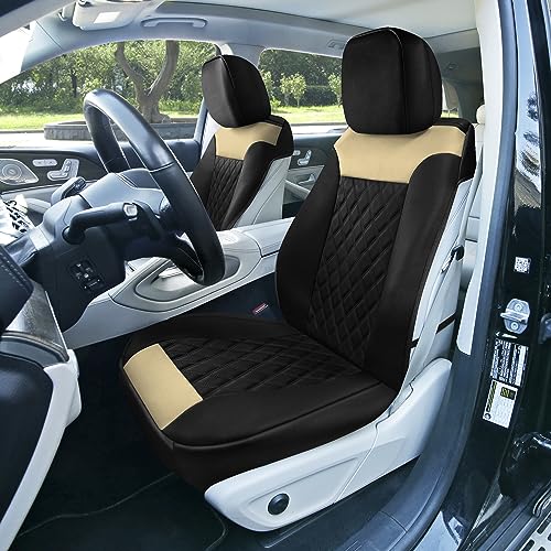 FH Group Deluxe Faux Leather Diamond Pattern Front Set Car Seat Cushions with Gift - Universal Fit for Cars, Trucks, & SUVs PU089102 (Beige)