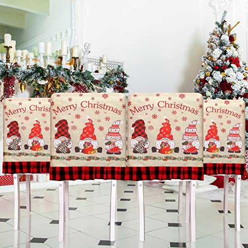 Alynsehom Christmas Chair Covers Set Of 4 Chair Protector Slipcovers Plaid Burlap Buffalo Gnomes Snowflake Xmas Decoration Dining Room Seat Covers For Kitchen Holiday Party Decor #TOP14