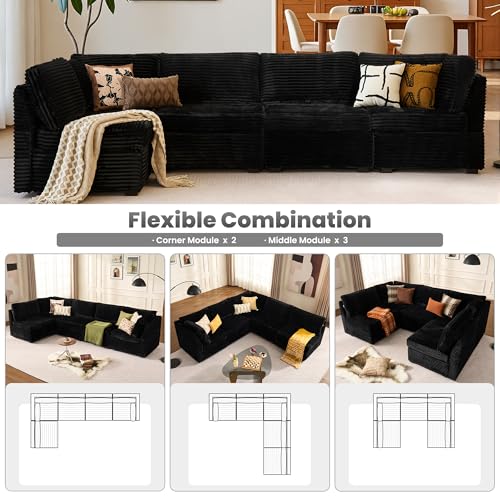 Image of ovios Modular Sectional Sofa Couch with U-Shape Chaise Oversized, Comfy Plush Corduroy Cloud Couches, Modern Luxury Deep Seat Sofas Set for Living Room, 5-Seater, Black