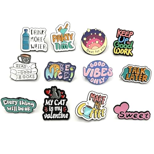 Cute Enamel Pin Set Lapel Pins Brooches Cartoon Brooch Badge Pins for Clothes Bags Backpack Party Decoration Gift (Slogans-12Pcs)