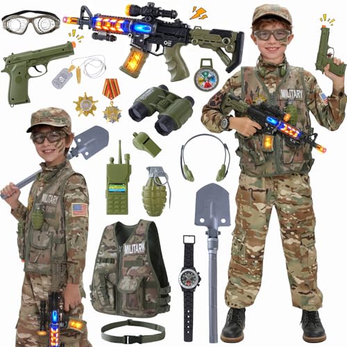 FUNYUEKI 19PCS Kids Army Costume for Boys Soldier Boy Dress up Costumes with Military Vest Toys Accessories Halloween Costumes for Kids age 3-12 (M)