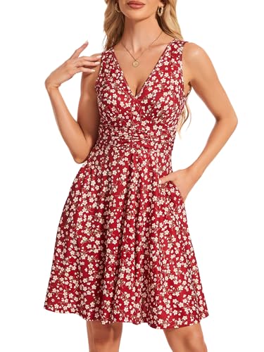 Image of Women's Spring Floral Sundress Sexy V Neck Sleeveless Ruffle Flowy Tank Short Summer Dress with Pockets