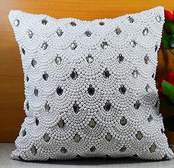White Crystal Pearl Beaded Throw Pillow Cover for Decoration Luxury Contemporary Modern Pillow Embroidered Personalized Cushion Cover Gift 18 X 18 Inches