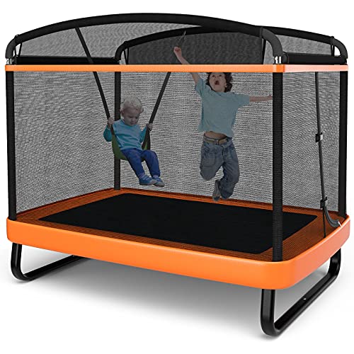 Image of Giantex 6 FT Trampoline for Kids with Swing, Toddler Trampolines with Safety Enclosure Net, ASTM Approved, Rectangle Indoor & Outdoor Mini Kids Trampoline