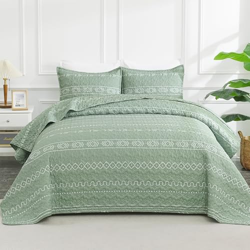 Image of Andency Sage Green Quilts Queen Size, 3 Pieces Queen Quilt Bedding Set Boho Lightweight Soft Striped Bedspread for All Season (90 inchx96 inch), Printed Bohemian Polyester Reversible Coverlet Comoforter Sets