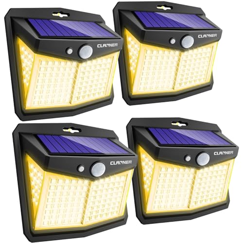 CLAONER Solar Powered Lights Outdoor, Upgraded Wireless 270° IP65 Solar Motion Sensor Security/Wall Light for Front Door, Yard, Garage, Garden, Warm White (4 Pack)