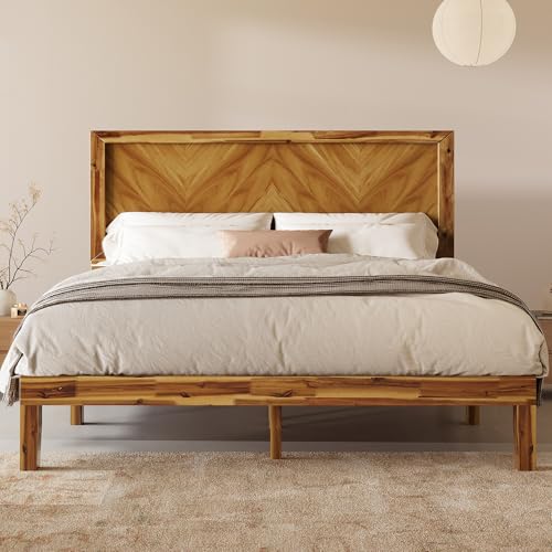 Jocisland Queen Size Acacia Wood Bed Frame with 45'' Headboard, Mid-Century Modern Wooden Platform...