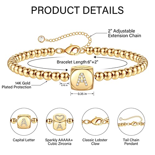 Personalized Gold Initial Bracelets For Women Girls, 14K Gold Filled Charm Initial J Bracelet Adjustable Beaded Bracelet Dainty Gold Initial Bracelets Jewelry For Women Teen Girls Valentines Day Gifts #TOP4