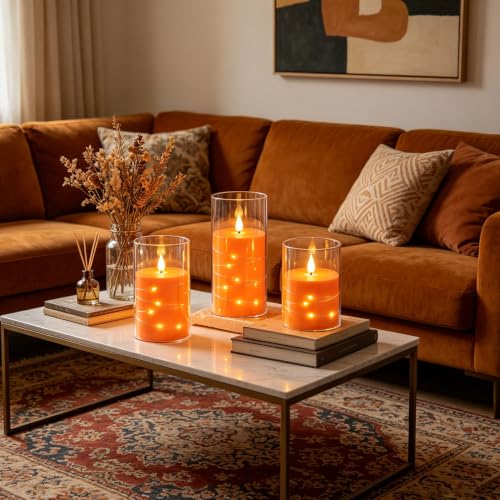 Image of Da by 3 Pack Orange Transparent Acrylic Flameless Taper Candles, Flickering Black Wick LED Candles with Fairy String Lights, Heat Resistant ABS Candles with Remote for Indoor Outdoor Decor