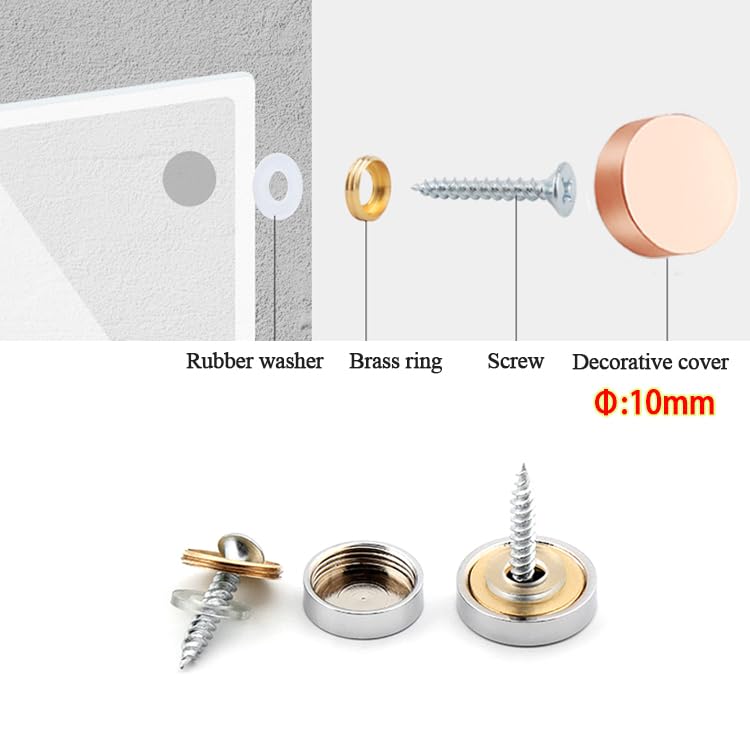 Wopanxye 12pcs 10mm Mirror Screws with Decorative Cap Cover Nails for Mirror Tables Bath Plates Panles Wardrobes Glass Signboards Acrylic Sheet Furniture Fittings Stainless Steel Brushed Brass Chrome - Image 4