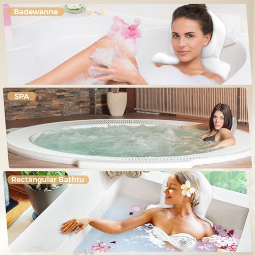 LIFEJXWEN Badewannenkissen mit EXTRA Lendenkissen · 144 Saugnäpfe (12x mehr Halt!) · 4D Weiches Badekissen Set mit Kopfstütze & Abnehmbarem Zusatzkissen · 133x41 cm · Inkl. Waschbeutel (Weiß)