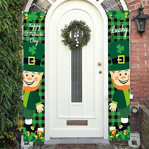 2 Pieces St Patrick\'s Day Porch Sign Happy St Patrick\'s Day and Lucky Hanging Banners for Holiday Home Indoor Outdoor Porch Wall St Patrick\'s Day Decoration(Black and Green Plaid) - Thumbnail 6
