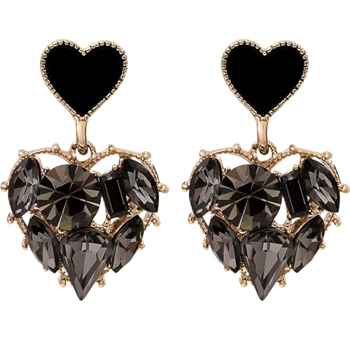HETICA Double Heart Earrings for Women, Black Cubic Zirconia Heart Drop Earrings Love Heart Dangle Earrings Jewelry Gifts for Women