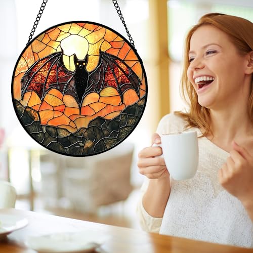 Image of Stained Glass Window Hanging, Black Bat Sun Catcher for Door Home Decor Animal Suncatcher Christmas Mother's Day Birthday Gifts for Women Men Mom and Nana 11.8 in
