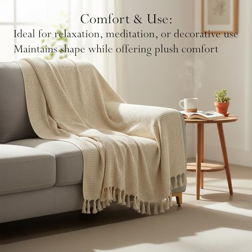 Image of Cotton Handloom Waffle Throw Blanket for Sofa & Bed | Soft Lightweight Beige Decorative Throw with Tassels | All-Season Couch & Bed Throw (125x150 cm)