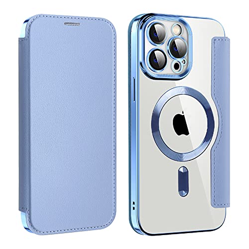 MuZiF iPhone 13 Pro Max 用 ケース 手帳型 Magsafe対応 クリア 背面 透明 高級なPUレザー 永久磁石 マグネット スマホケース カード収納、人気財布型 カバー 軽量 アイフォン13 Pro Max 用 手帳カバー (ブルー