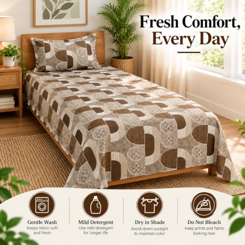Image of Cottington Lane Cotton Single Bedsheet 68x90 Inch, Cocoa Geometry