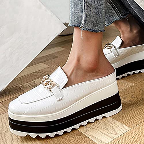 Hbeylia Platform Mule Slippers Shoes For Women Ladies Fashion Snake Leather Metal Chain Square Toe Chunky Bottom High Heels Slip On Loafers Sandals Casual Flats Dress Walking Slides Shoes For Fall3
