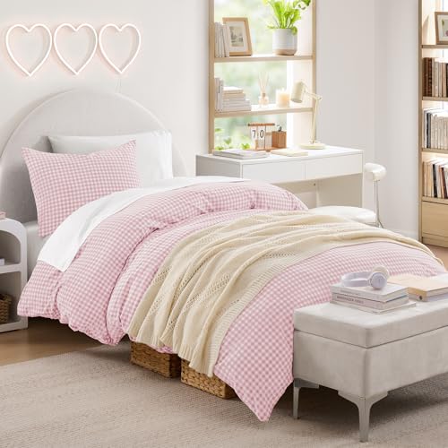 Image of Andency Pink Gingham Duvet Cover Twin, 100% Wash Cotton Linen Like Textured Breathable Comforter Cover Set, 2 Piece Blush Classic Yarn-Dyed Checkered Plaid Bedding Set for Dorm Kids Teens, 66 inch*90 inch