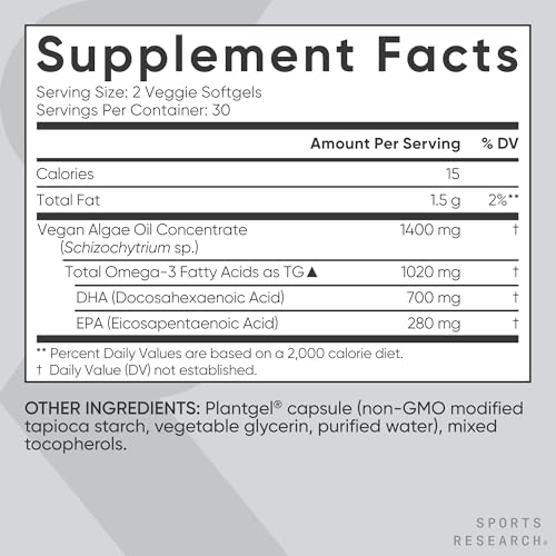 Image of Sports Research Vegan Omega-3 Fish Oil Alternative from Algae Oil - Highest Levels of Vegan DHA & EPA Fatty Acids- 60 Veggie Softgels (Carrageenan Free)