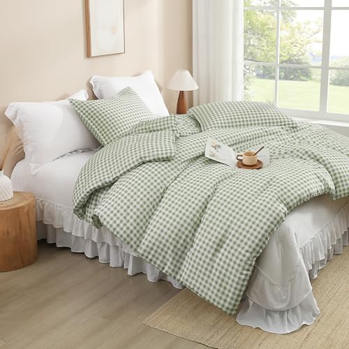 Image of Andency Sage Gingham Comforter Set Full(79x90Inch), Green Checkered Grid Plaid Buffalo Bed Set for Girls Boys Kids Teens, 3 Pieces Lightweight Polyester Geometric Preppy Bedding