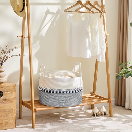 Image of KAKAMAY Cotton Rope Storage Basket (20 inchx13 inch),Woven Hamper for Blankets,Toys,Pillows,Clothes,Laundry,Sturdy Handles Decorative Basket for Living Room, Bedroom,Nursery(Blue Printing)