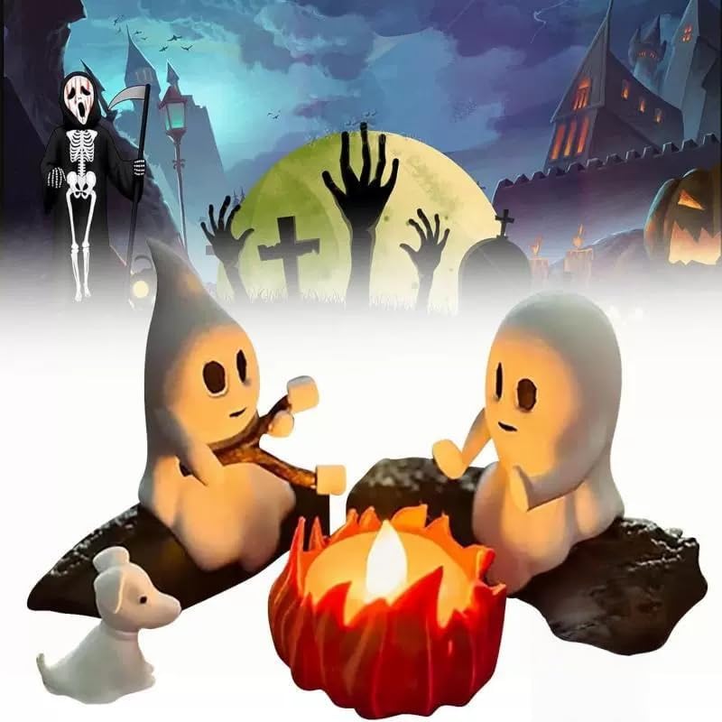 EHOTER Ghost Campfire Flickering Night Light Ghost Campfire Gathering Funny Halloween Nightlight Decor 2 Ghosts Roasting Marshmallows at Campfire 3D Spooky Fire Marshmallow Night Light (Dog)