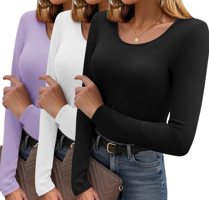 Ekouaer Long Sleeve Shirts for Women 3 Pack Scoop Neck Fitted Tops Thermal Undershirt Stretch Base Layer Soft Tee XS-XXL