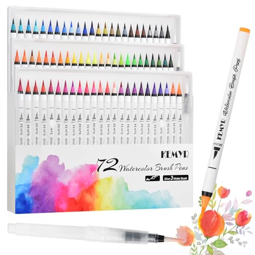 KEMYR Watercolor Brush Pens,72 Colors Brush Tip Pens for Watercolor Painting, 3 Aquapen Blending Brush,Watercolor Markers for Artists and Beginner Painters Coloring Books, Calligraphy,Manga