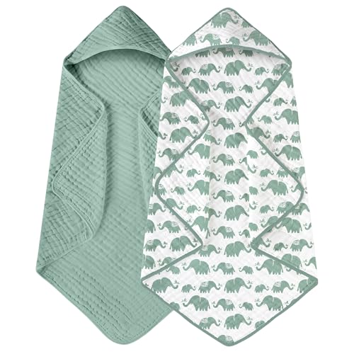 Image of Yoofoss Hooded Baby Towels for Newborn 2 Pack 100% Muslin Organic Cotton Baby Bath Towel with Hood for Babies, Infant, Toddler and Kids, 32x32Inch, Soft and Absorbent Newborn Essential, Green Elephant